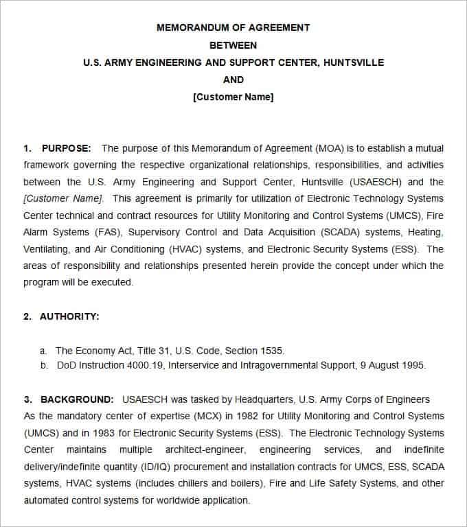 Memorandum Of Agreement Template Army