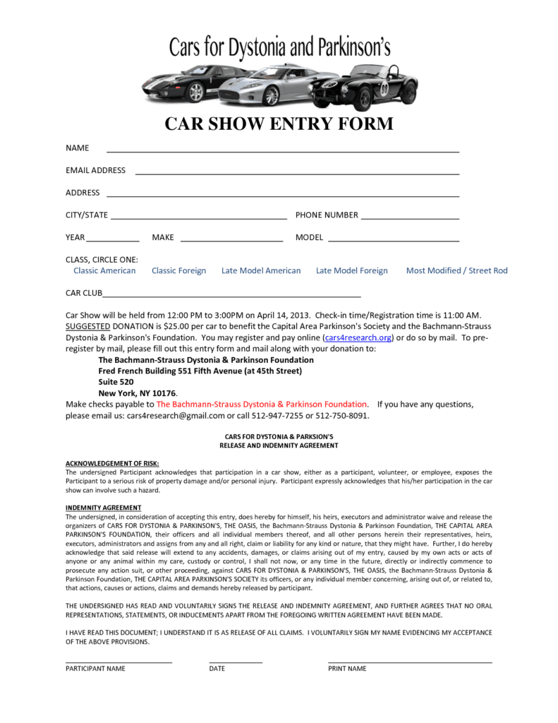 Car Show Registration Form Templates - Word Excel Fomats