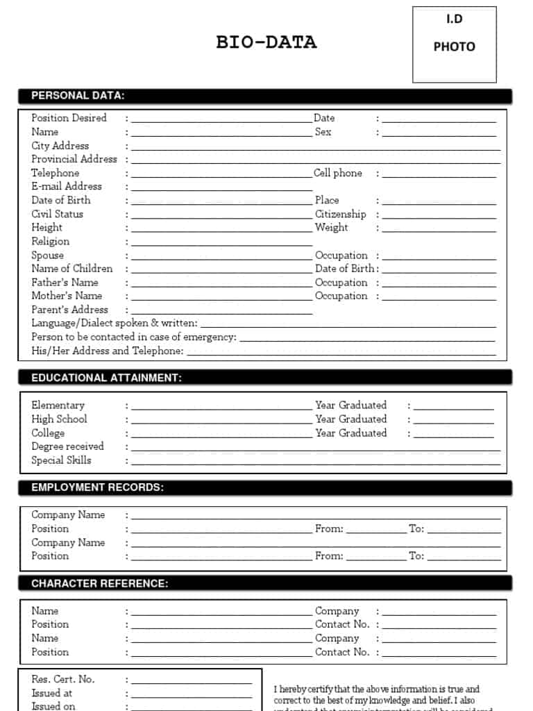 21+ Free Bio Data Forms & Templates - Word Excel Fomats With Free Bio Template Fill In Blank