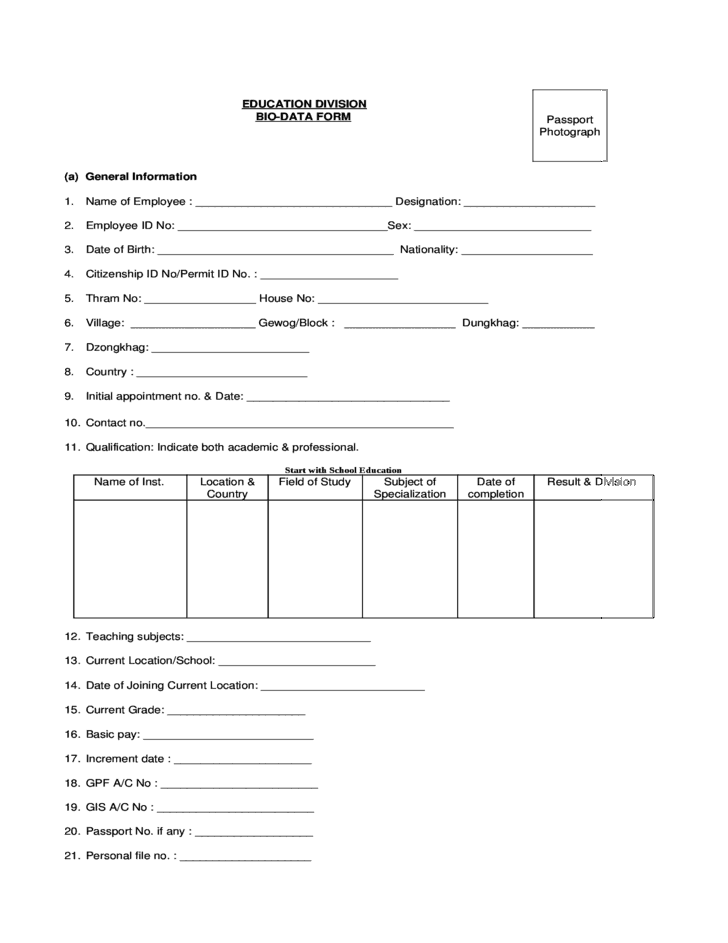 Bio Data Form Printable Printable Forms Free Online