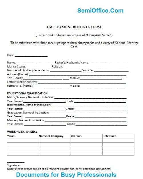Bio Data Forms - Word Excel Fomats