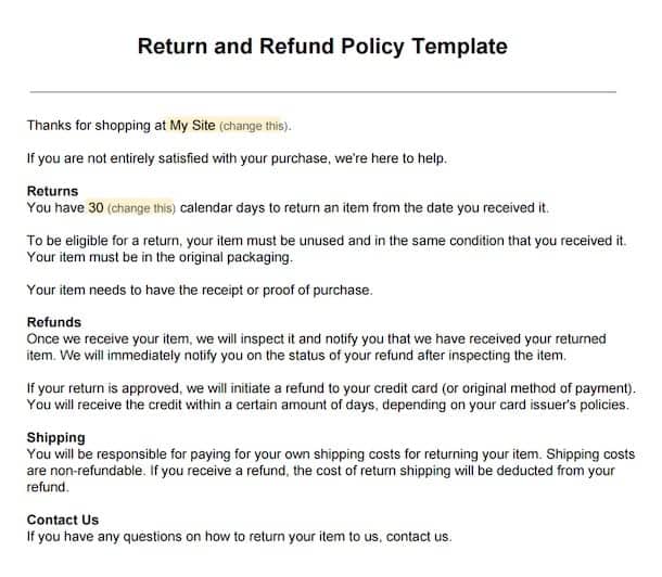 Return Policy Template Word