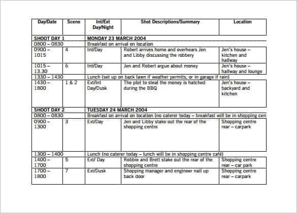 Film Schedule Template Free