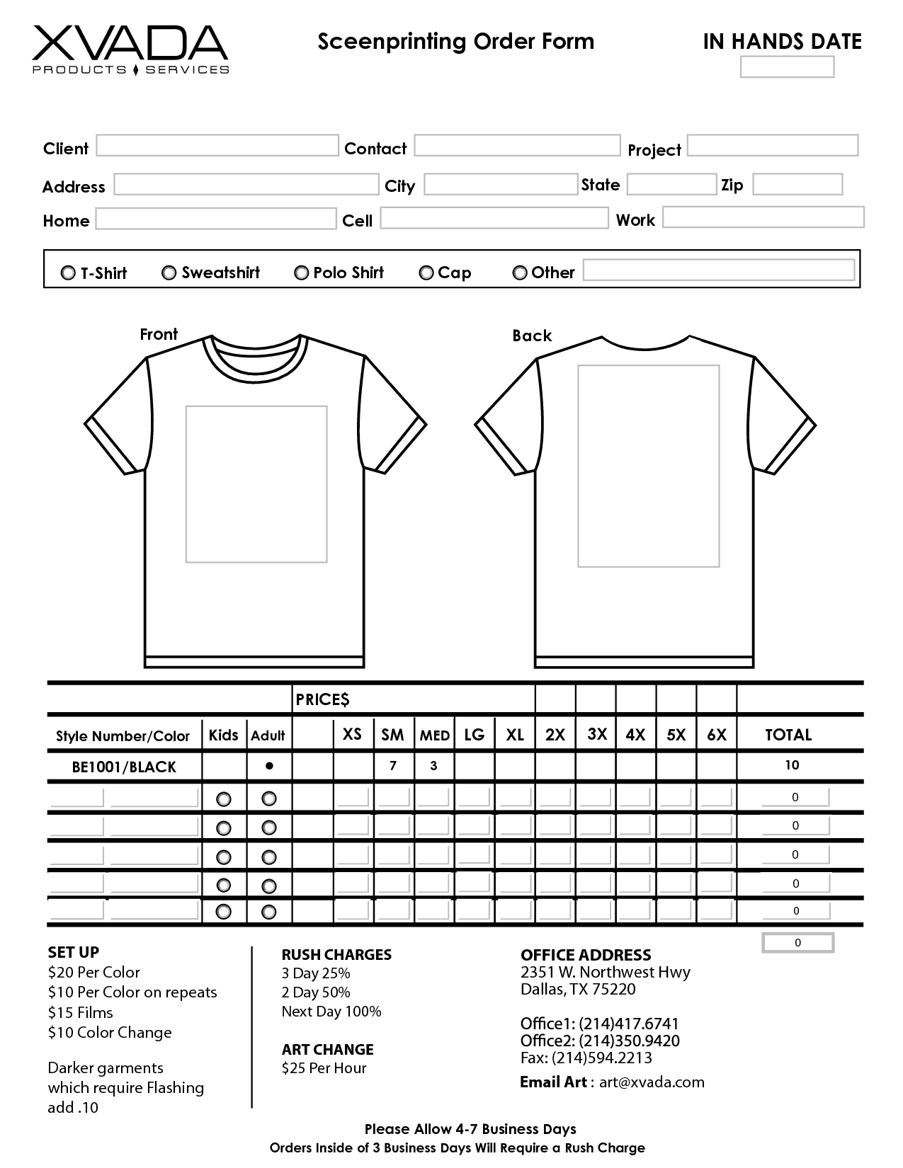 tshirt order forms word excel fomats