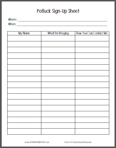 Potluck Sign Up Sheets