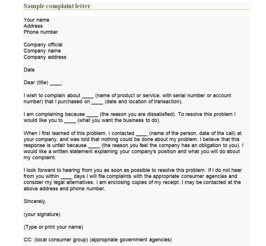 formal complaint letter sample business