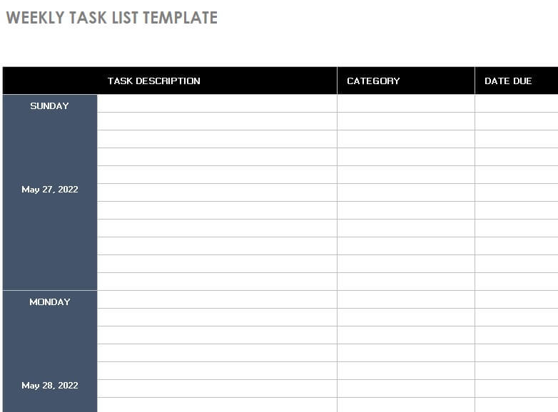 weekly task report template excel