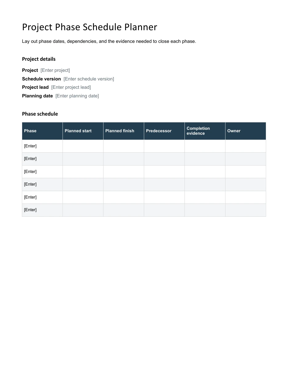 Preview of the editable project phase schedule planner