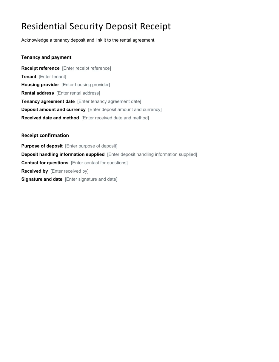 Residential Security Deposit Receipt editable Word template preview