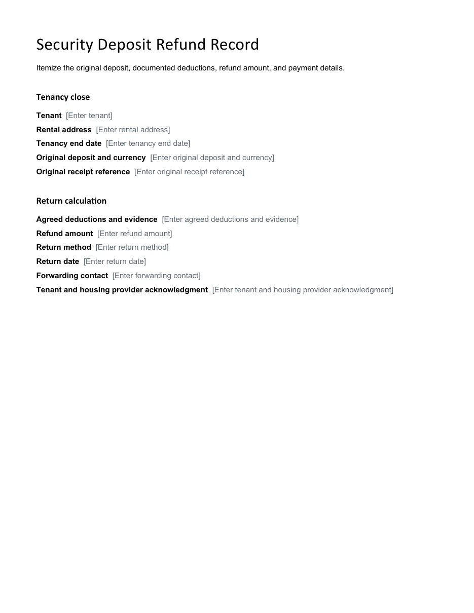 Security Deposit Refund Record editable Word template preview