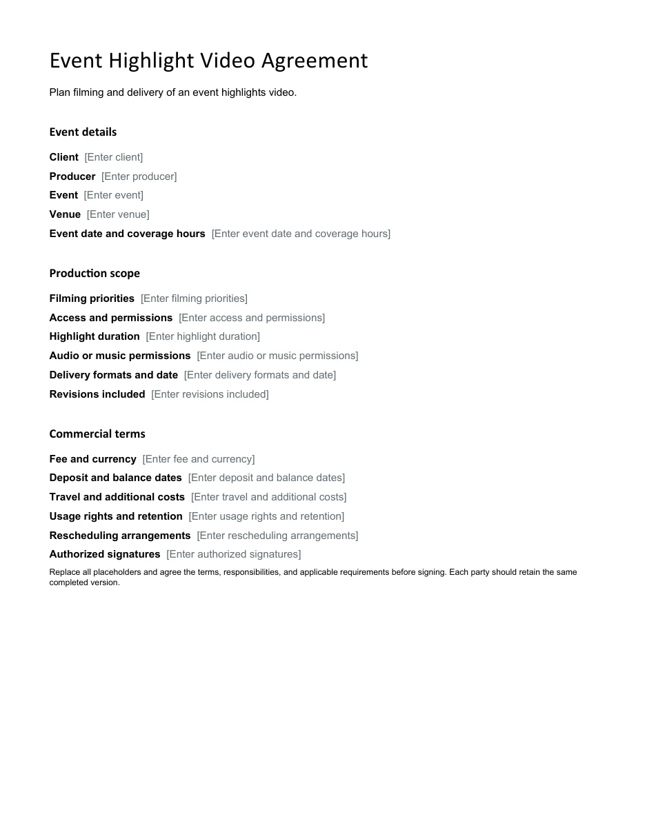 Event Highlight Video Agreement editable Word template preview