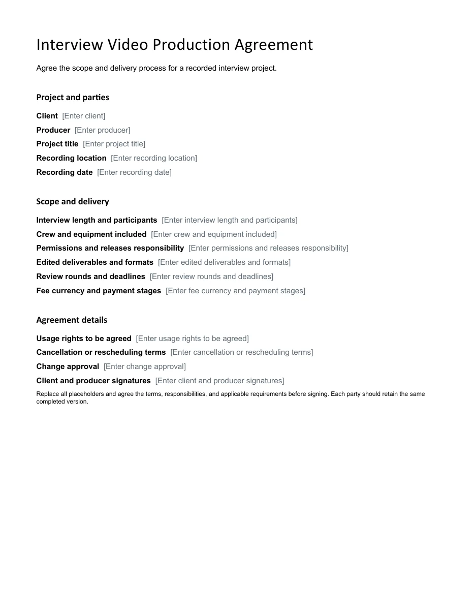 Interview Video Production Agreement editable Word template preview