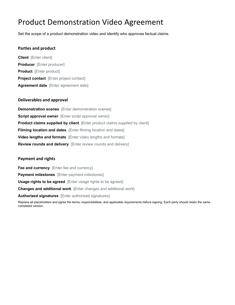 Product Demonstration Video Agreement editable Word template preview