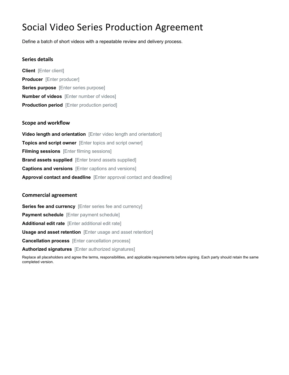 Social Video Series Production Agreement editable Word template preview
