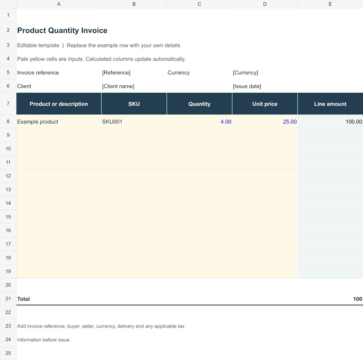 Preview of an editable Excel product invoice