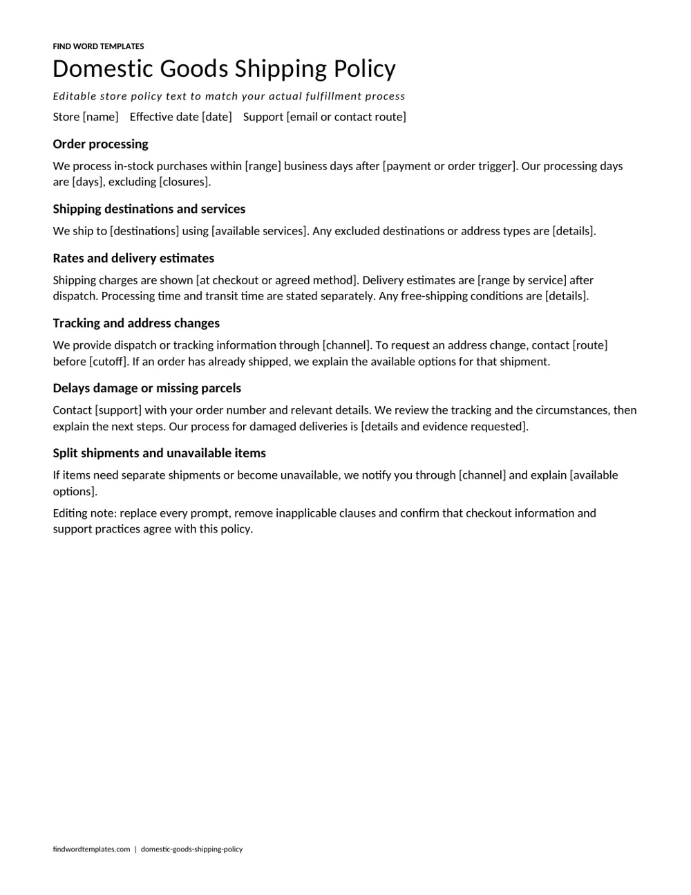 A domestic in-stock goods shipping policy with complete editable clauses for processing, dispatch, rates, tracking and exceptions.