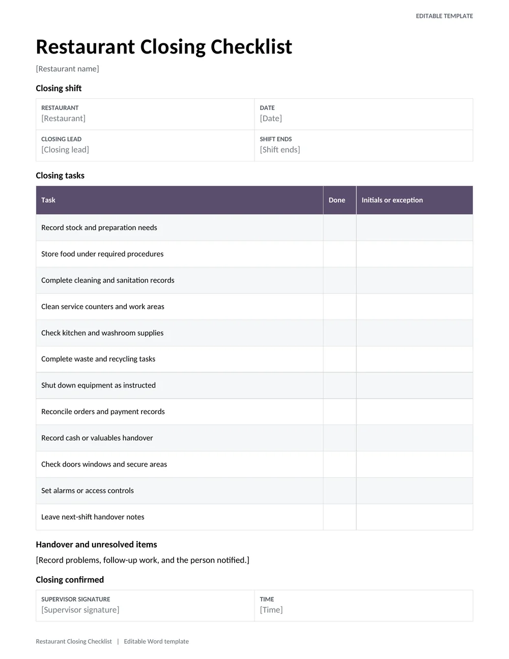 Restaurant Closing Checklist preview