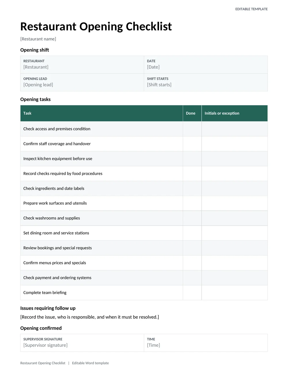 Restaurant Opening Checklist preview