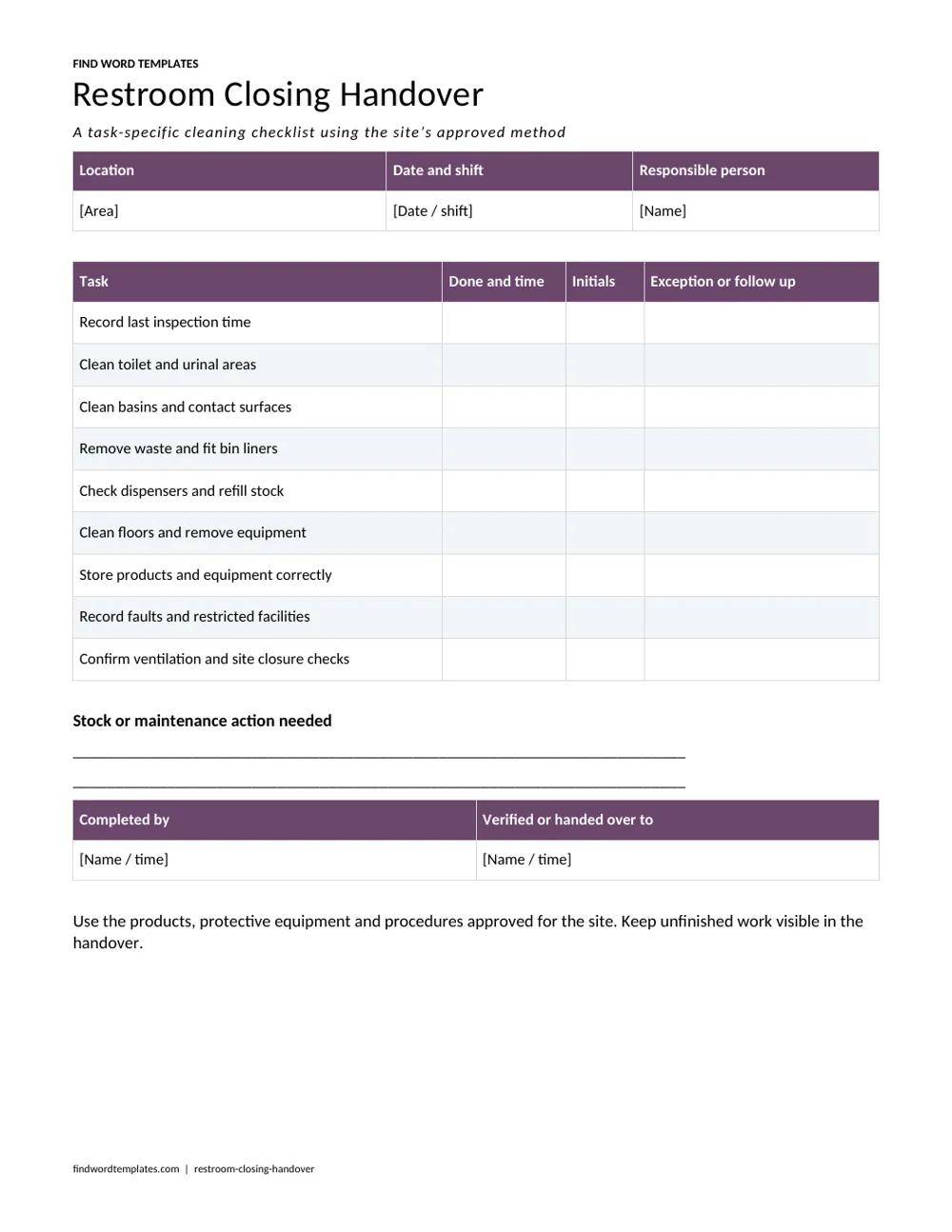 A closing-shift restroom checklist with concrete cleaning tasks, completion times, exceptions and accountable handover.