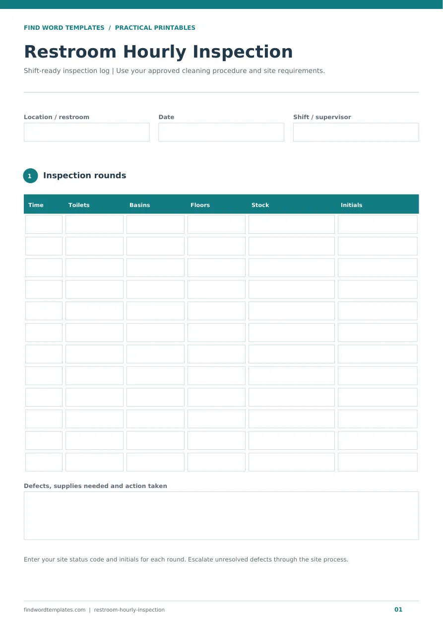 An hourly restroom inspection log with twelve rounds, stock checks, initials, and a corrective-action record.