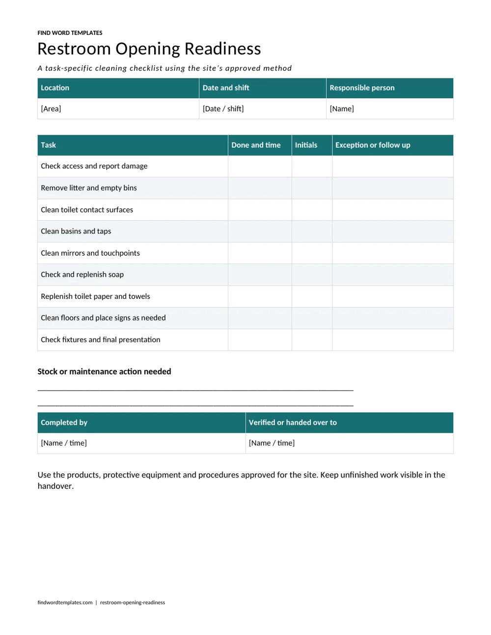 A pre-opening restroom checklist with concrete cleaning tasks, completion times, exceptions and accountable handover.