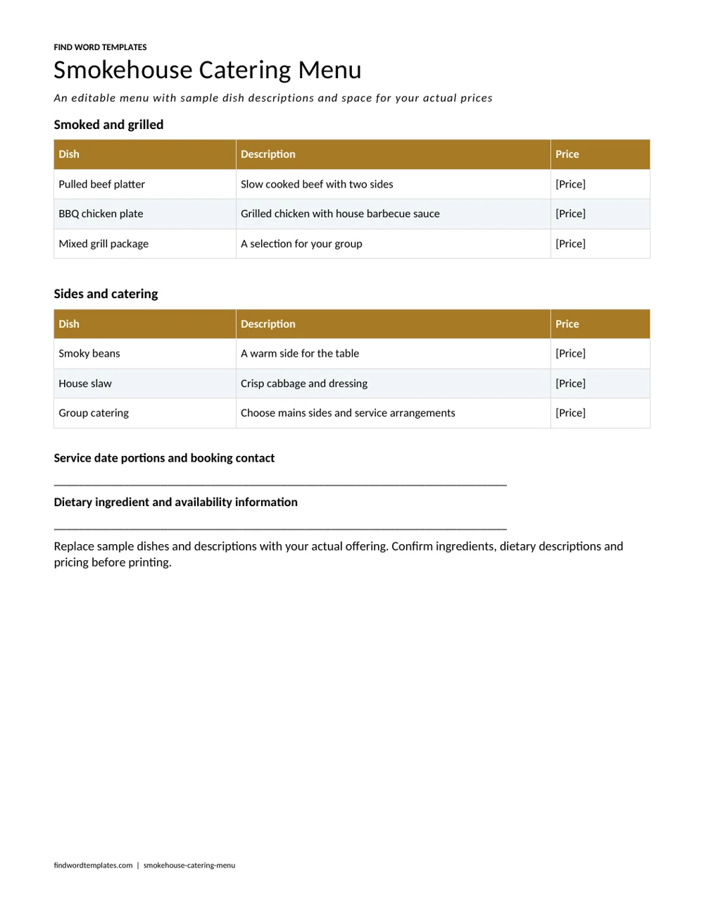 A smokehouse catering menu with editable dishes, descriptions, prices and service details.
