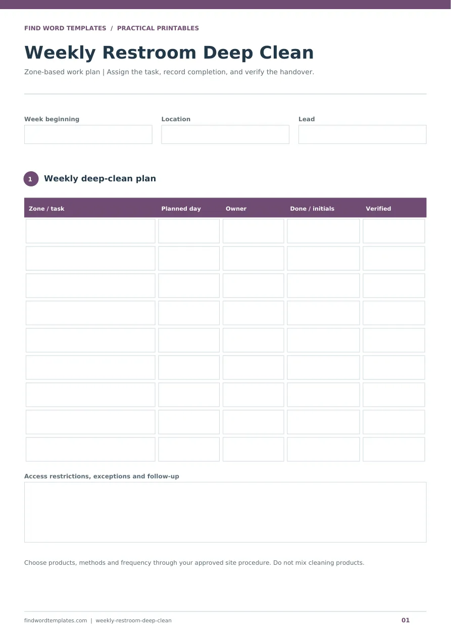 A weekly deep-clean planning sheet organized by zone, owner, completion, verification, and outstanding work.
